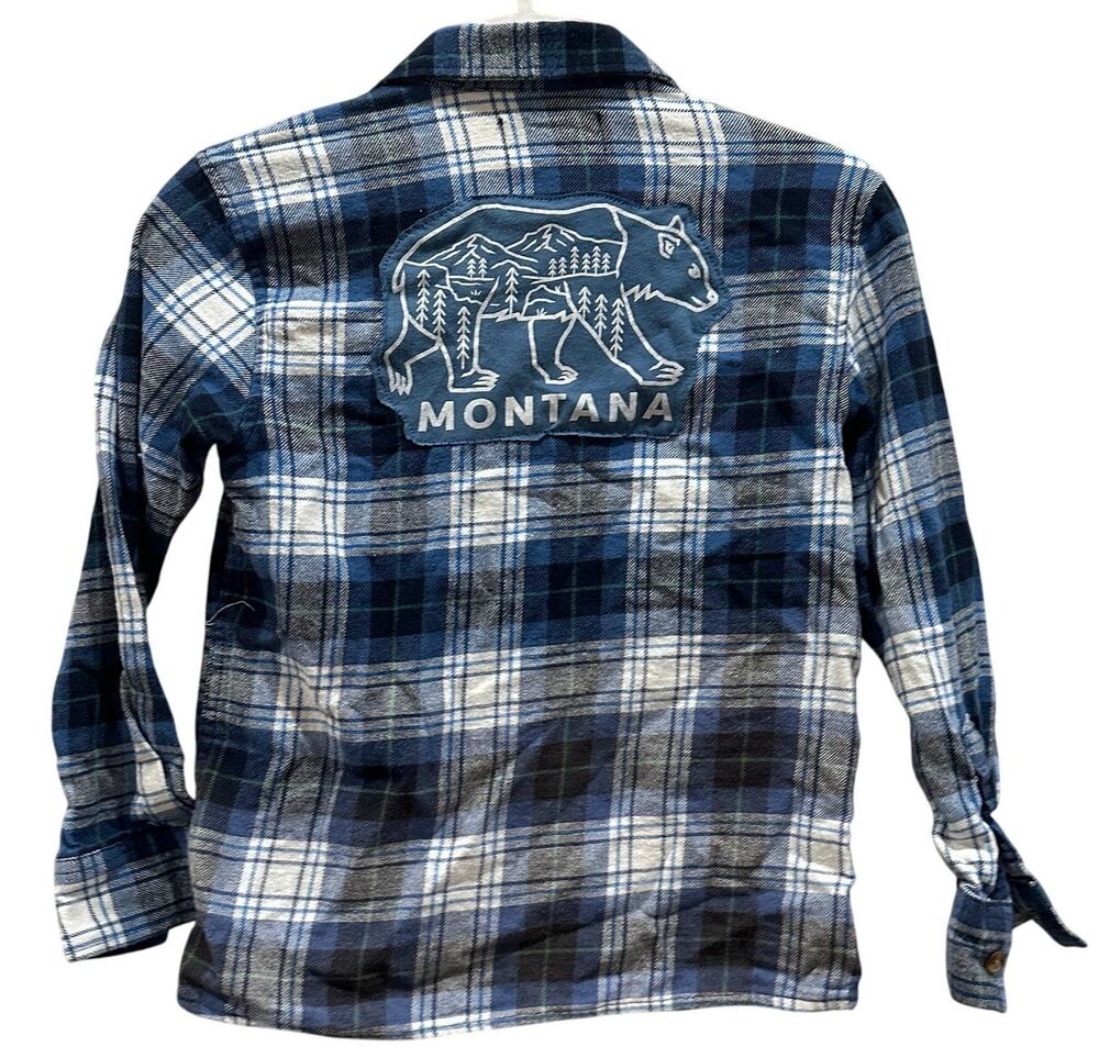 Montana Bear Plaid Flannel Button Down Shirt Kids MEDIUM Upcycled Unique Gift